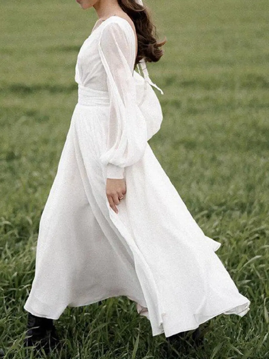 

Celebrity Fashion women pure white long sleeved V-neck big Swing dress sexy backless party dresses Prom Bridesmaid Party Dress