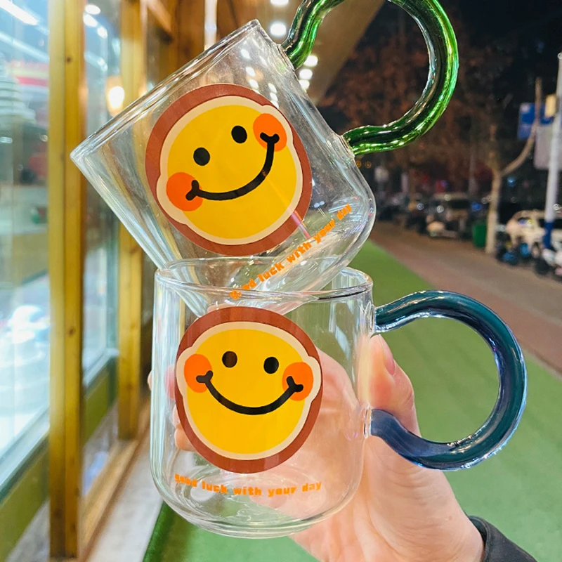 Cute Girl New Smiley Face Mug Home Breakfast Milk Cup with Handle with  Spoon with Lid Glass Cup Drinkware Water Cup