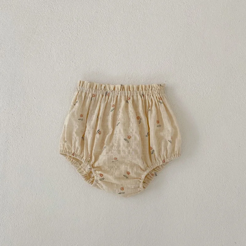 New Summer Baby Girl Boy Shorts Beige Apricot Floral High Waist Diaper Covers Stringy Selvedge PP Pants Children Clothes E24070