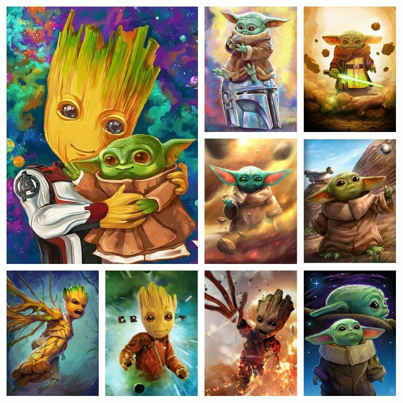 Cute Baby Yoda E Groot Diamond Painting Artwork The Mandalorian And Avengers Movie Characters Mosaic Cross Stitch Home Decor