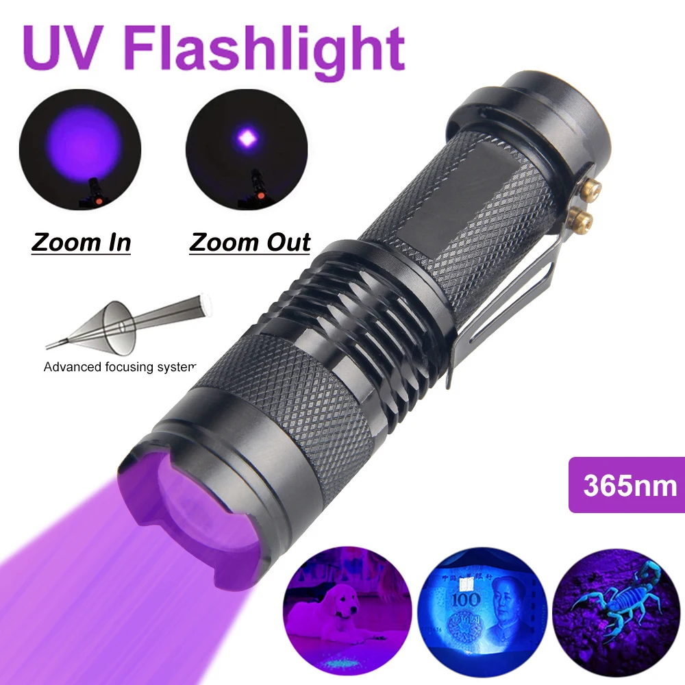 Mini Lanterna LED UV Luz Negra Ultravioleta Portátil 395/365nm 3 Modos Tocha Zoomable Lâmpada Detectora de Escorpião para Manchas de Urina de Animais de Estimação