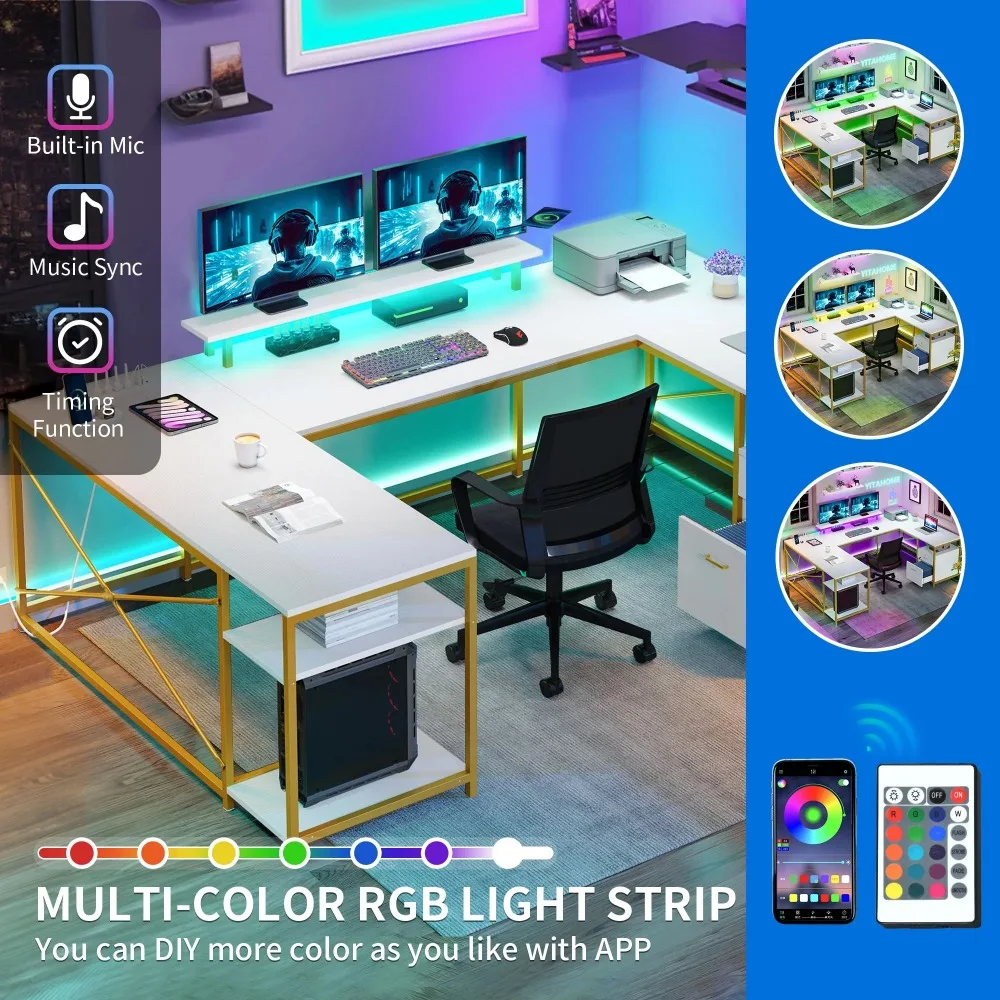 L Shaped Desk with Power Outlets & LED Lights, Reversible Computer Desk with Drawers & Storage Shelves, Large U Shaped Desk 4