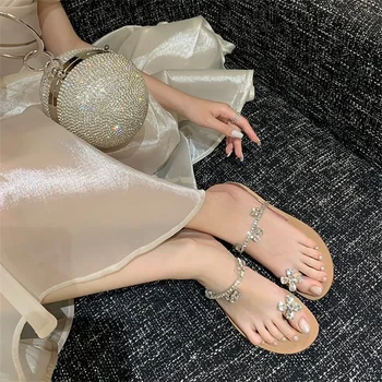 Women Fashion Temperament Elegant Rhinestones Sandals 2024 Summer Party Shoes Woman Open Toe Slip On Causal Flat Sandals