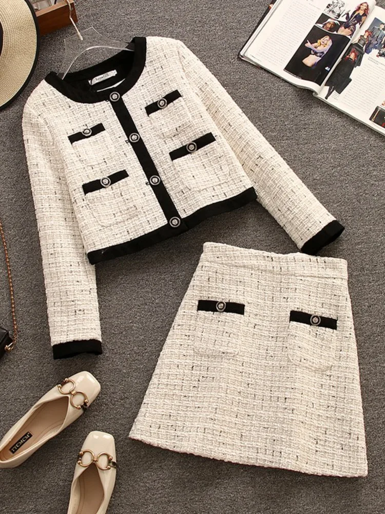 

Women Two Piece Sets 2022 Autumn Winter Fashion Long Sleeve Single-Breasted Tweed Short Coat And Mini A-Line Skirts Woolen Suits