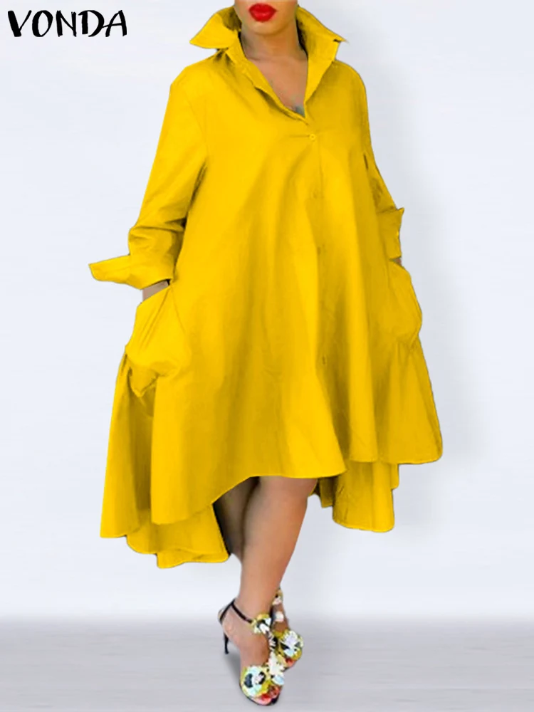 

Summer Sundress VONDA 2023 Women Elegant Midi Dress Long Sleeve Solid Color Loose Casual Button Up Party Long Shirt Robe Femme