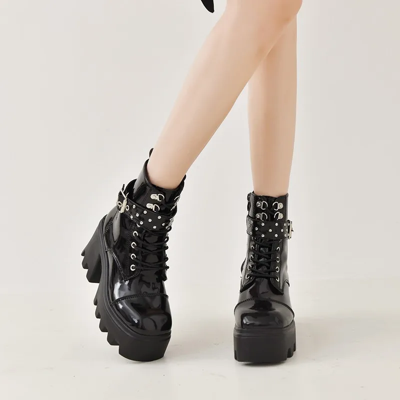 Plus Size 43 Autumn Women Boots Buckle Round Toe Wedges Platform Boots Punk Goth INS Women Street Shoes Combat Boots for Women