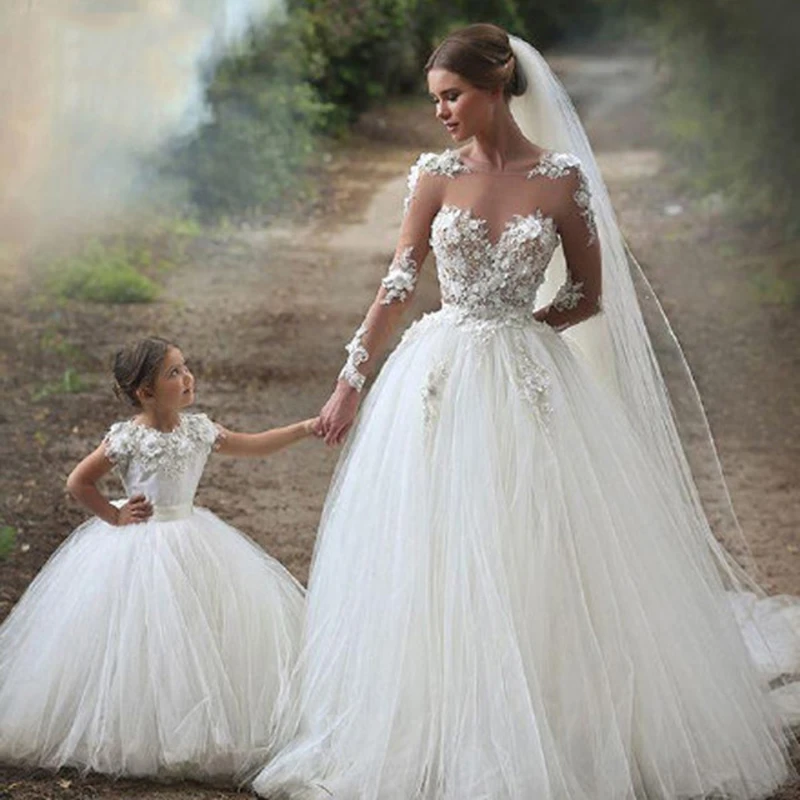 Robe de mariée en Tulle pour mère et fille, élégante, longue, col rond, en  dentelle, sur mesure | AliExpress