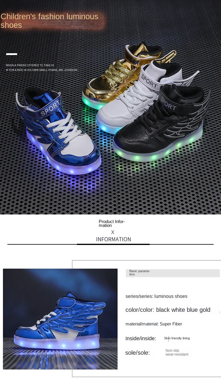 Luminous Wing Kids Sneakers USB Charge LED Illuminated Shoes Boys Girls Casual Sport Board Shoes for Older Children Lights Shoe