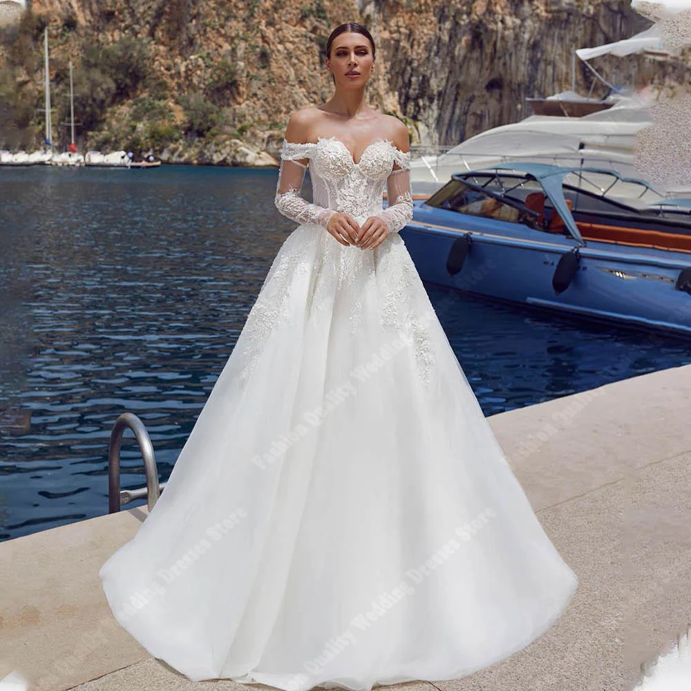 

2024 Off Shoulder Lady Wedding Dresses Shiny Tulle Sweetheart Collar A-Line Prom Gown Fluffy Skirt Hem Princess Vestido De Novia