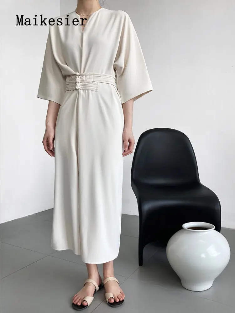 

Женское длинное платье с V-образным вырезом и поясом, однотонное элегантное приталенное платье, весна-лето 2023