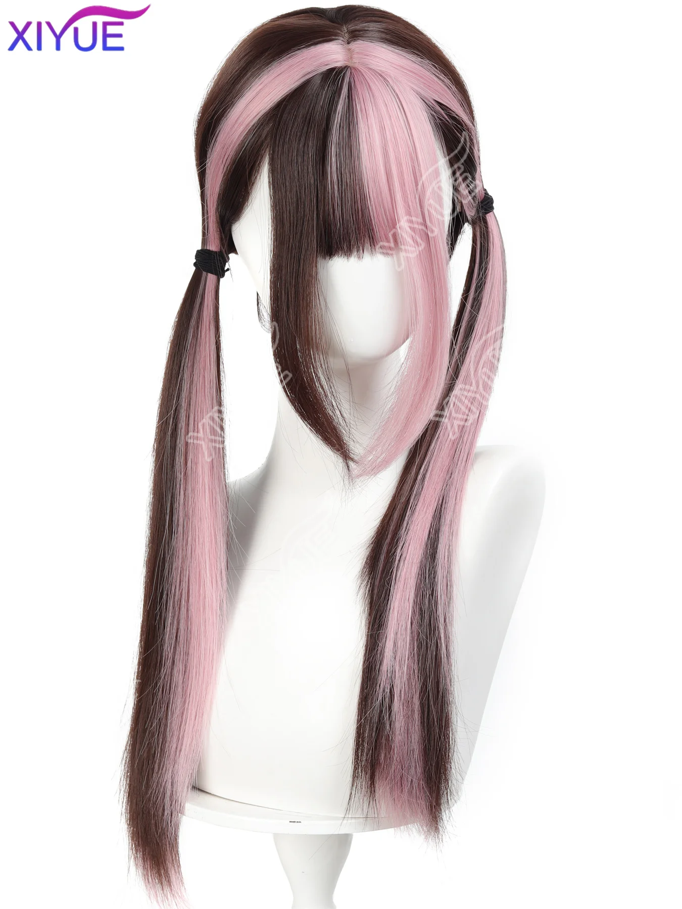 XY Highlight Pink Synthetic Lolita Double Ponytail Wig Straight Hair Wig with Bangs Suitable for Women Halloween Christmas Wear