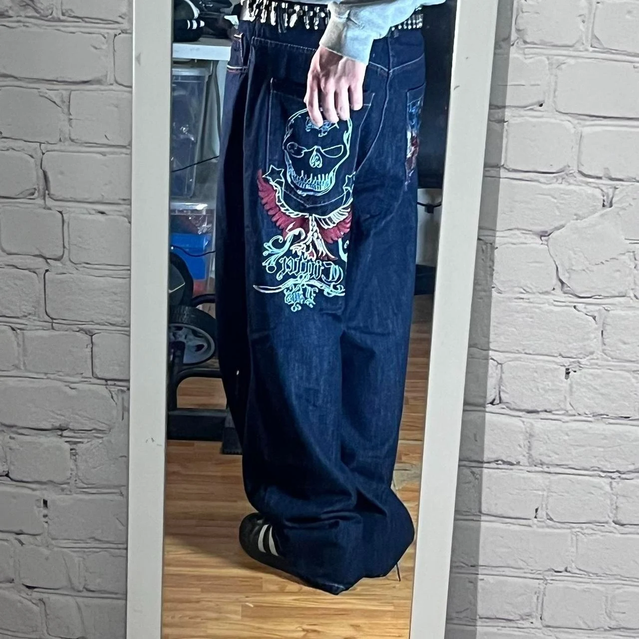 Men's Streetwear Hiphop Baggy Wide Leg Jeans Vintage 90s Heavy Embroidery Skull Wing Oversized Denim Trousers