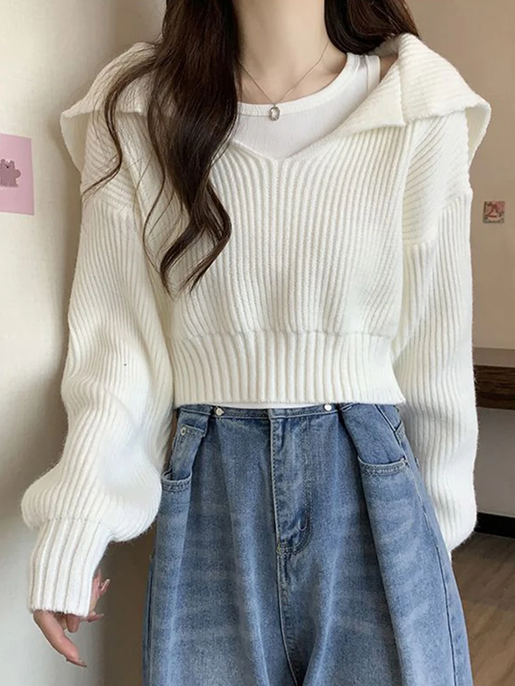 

White Sweater Fashion Sailor Collar Loose Cropped Knitting Pullovers Preppy Style Long Sleeve Casual Female Chic Jumpers