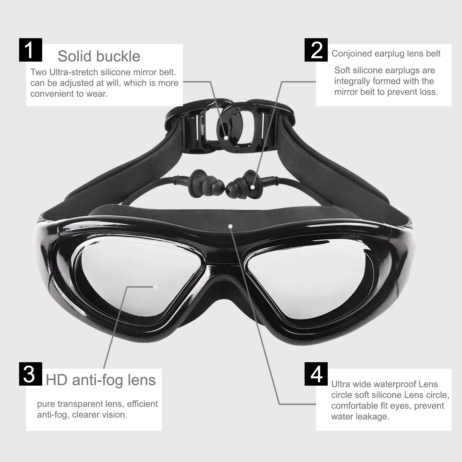 Myopia Swimming glasses  -2.0 ~ -6.0   Anti-Fog Prescription swim eyewear water Silicone Big goggles Men Women 2