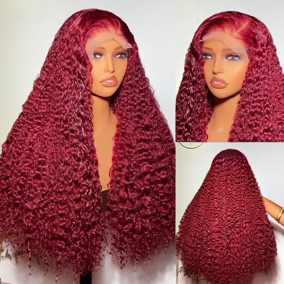 99J Burgandy Curly Lace Frontal Human Hair Wigs 13x6 HD Lace Front Wig Transparent 13x4 Deep Wave Human Hair Wigs