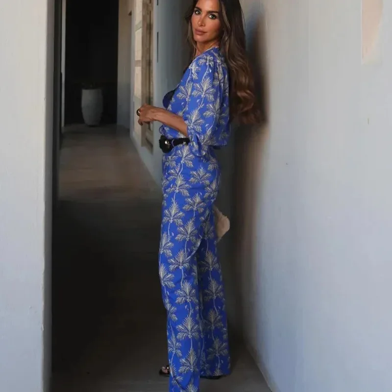 Women's Plant Printed Pants Suits Casual Fashion Street Style O-Neck Long Sleeve Button Shirt Mid Waist Straight Leg Pants Sets