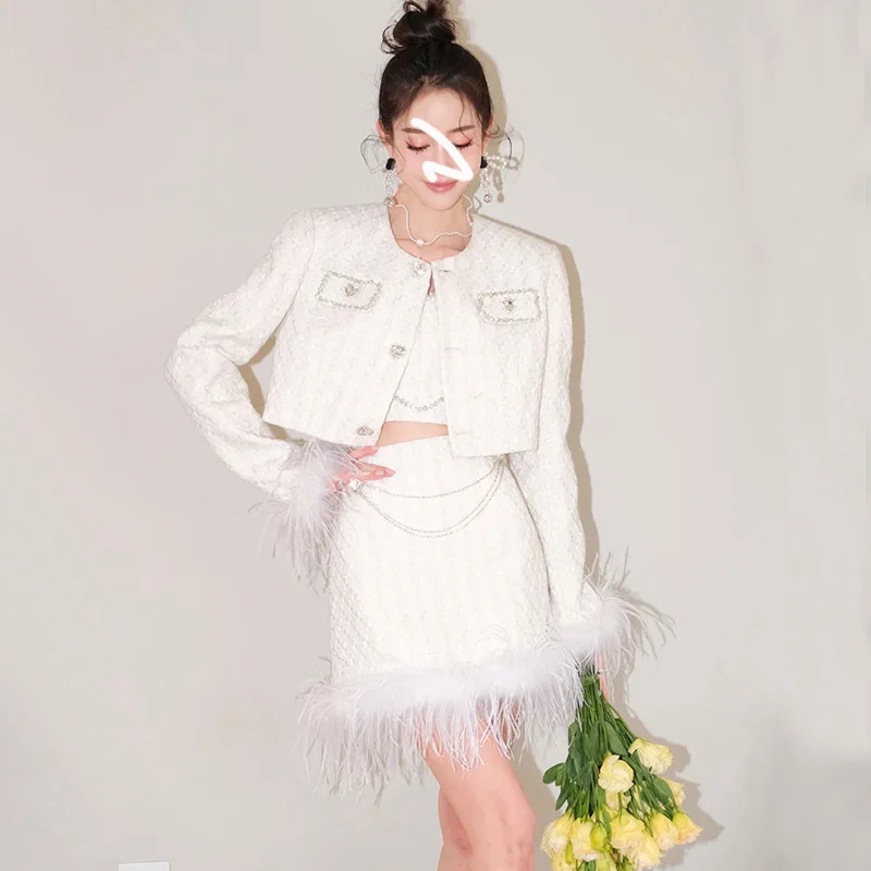 2024 Small Fragrance 2 Pieces French Vintage Set Tweed Jacket Short Coat Feather Coat Chain High Waist Skirt Bodycon Mini Skirt