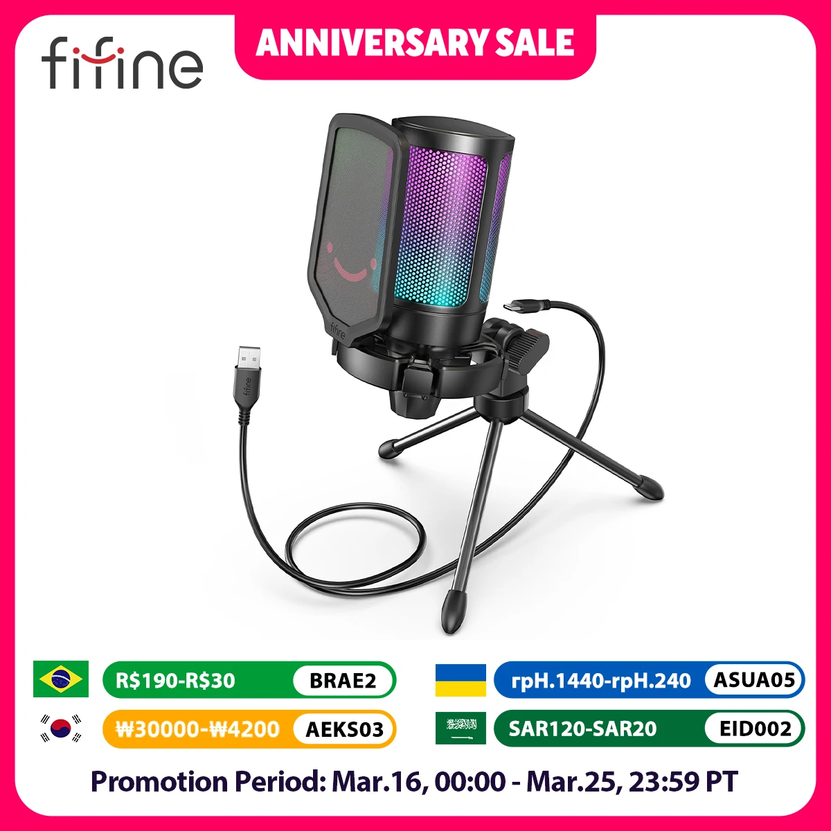 FIFINE USB Condenser Gaming Microphone, for PC PS4 PS5 MAC with Pop Filter Shock Mount&Gain Control for Podcasts ,Ampligame A6V
