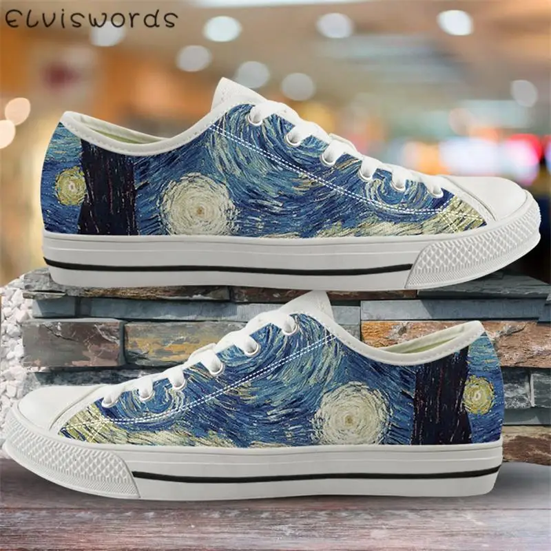 

ELVISWORDS Canvas Low Top Shoes Women Vincent van Gogh Starry Night Spring Summer Sneakers for Youth Girls Casual Flats Footwear