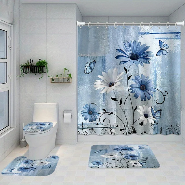 4-Piece Bathroom Shower Curtain Set 1