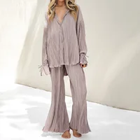 New Pajamas for Women Two-piece Set Pleated Shirt Long-sleeved Lapel Slit High Waisted Wide Pants Suit Loungewear Women Outfits - Image 5
