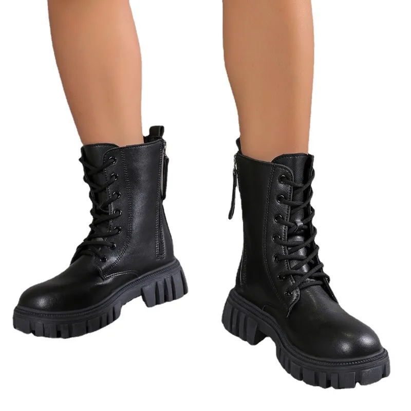 2023 Brand Shoes for Women Ankle PU Women's Boots Platform Modern Boots Women Lace Up Round Toe Zip Fretwork Heel Shoes Ladies