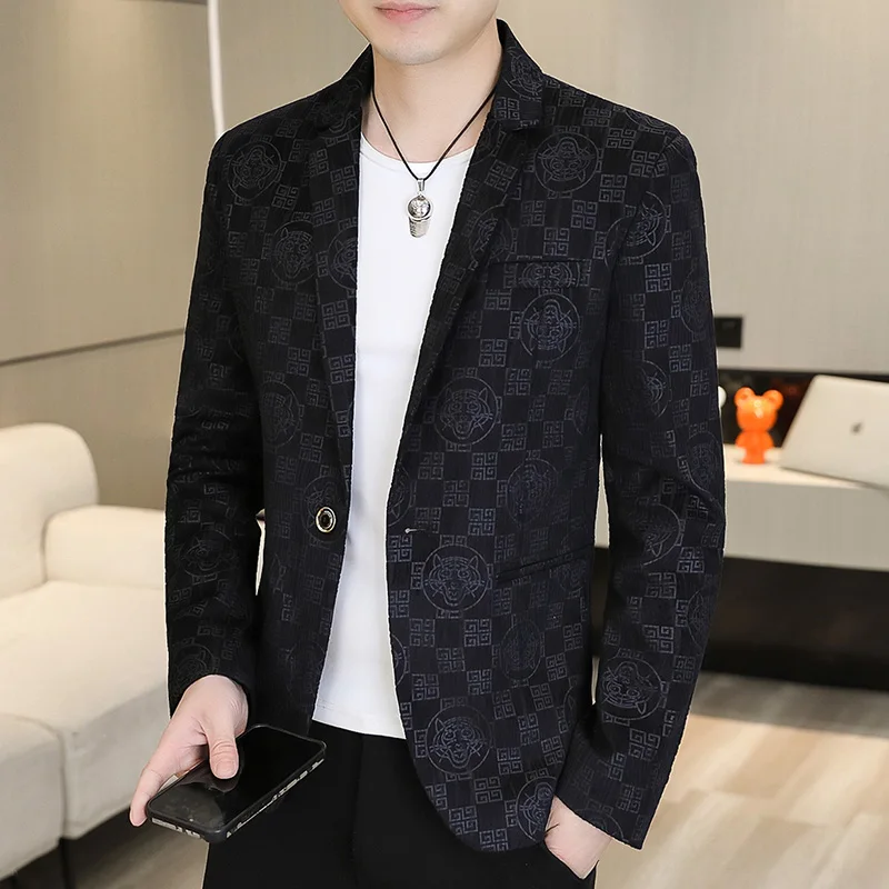 Luxury Retro Printed Men's Blazer Fashion Korean Slim Suit Jacket Social Casual Business Banquet Dress Coats Tops Men Clothing
