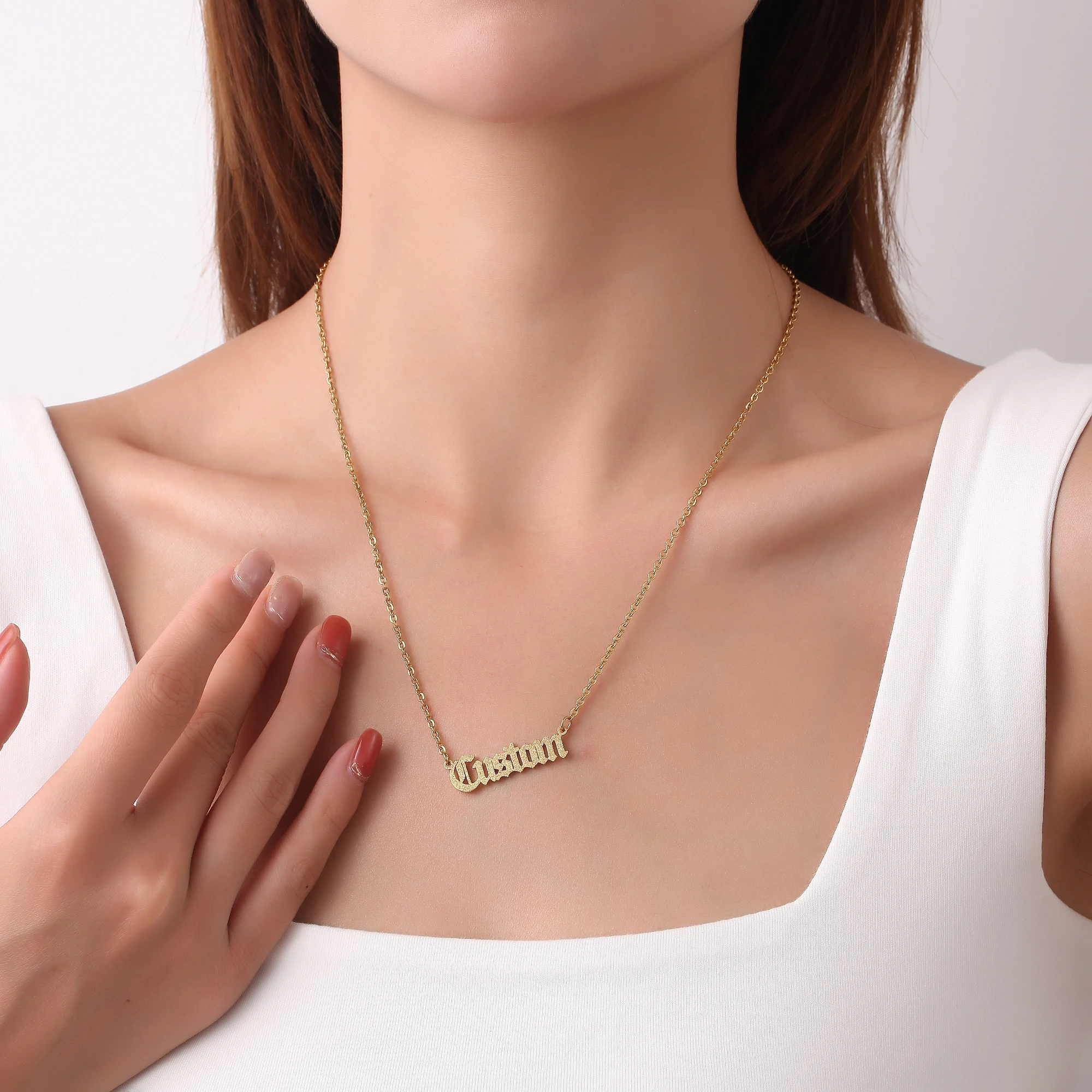 Frosted Customized Gold Necklace With Rolo Chain Old English Font Name Necklace Personalized Jewelry For Girlfriend Gift