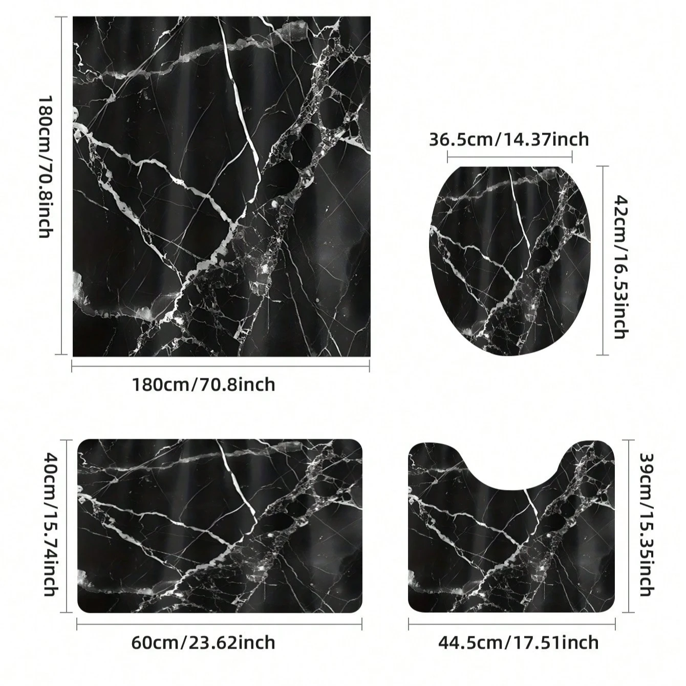 4pcs Waterproof Black Marble Pattern Polyester Shower Curtain Set, Fashionable Theme, Includes Hooks Accessories 2