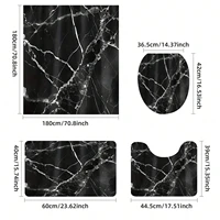 4pcs Waterproof Black Marble Pattern Polyester Shower Curtain Set, Fashionable Theme, Includes Hooks Accessories 2