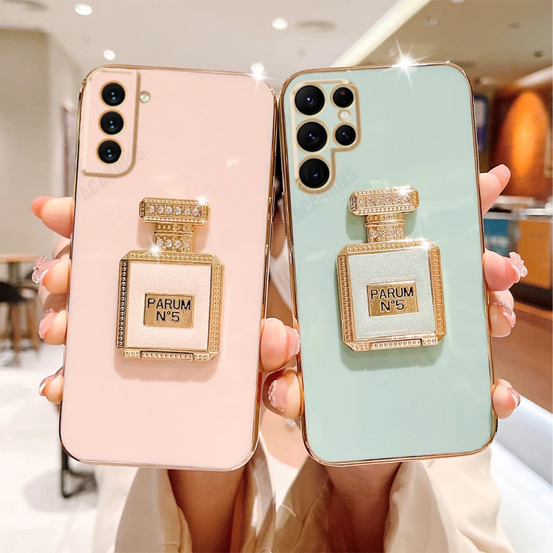 S 21fe 22 Parfüm Spiegel Halter Plating Fall für Samsung Galaxy S21 S22 Plus Ultra 5g S22ultra Silikon Stand Abdeckung S20 Fe S21fe_voghion.com