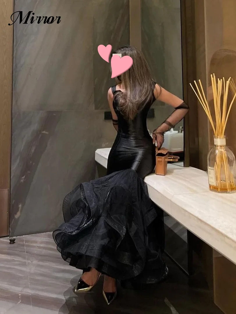 

Mirror Dress Elegant Vintage Simple Black Ruffle Mermaid Gloves Sexy Customized Formal Occasion Prom Dress Evening Party Gowns
