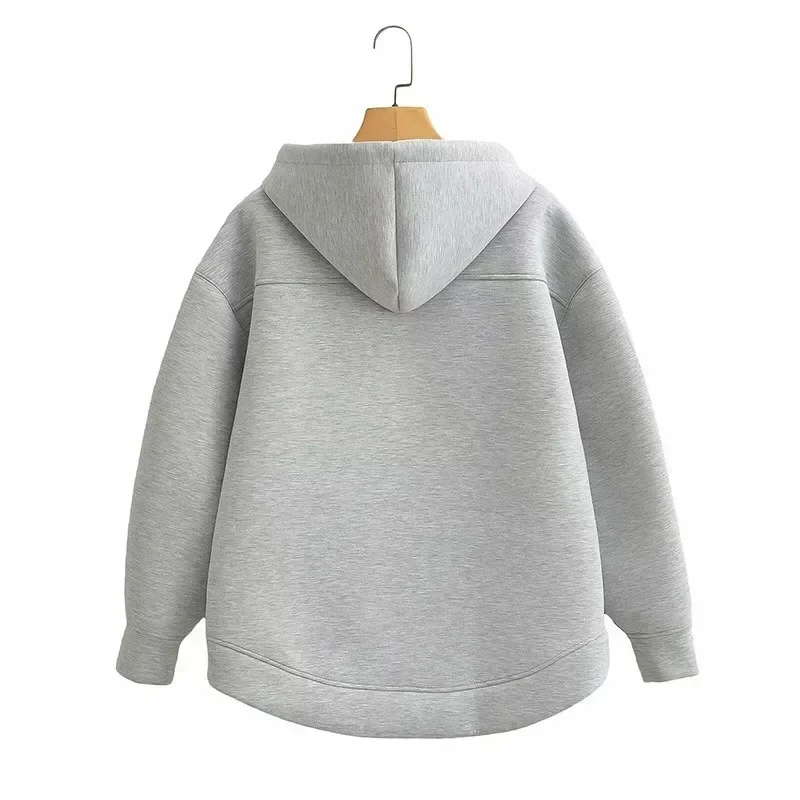 Gray Jacket With Hat Autumn Winter Woman Loose Casual Outerwear Coat Tops Women Long Sleeve Big Pocket Zipper Jacket Coat