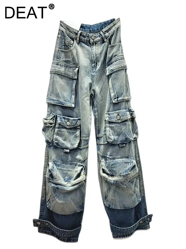 

DEAT Women's Jeans Wash Gradient Grey Blue High Waist Loose Multiple Pockets Wide Leg Cargo Denim Pants 2024 summer New Fashion