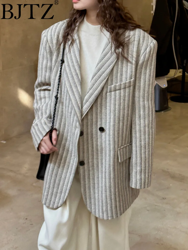 

BJTZ Wool Striped Suit Loose Silhouette Comfortable Warm Slimming Jacket For Women Winter New Vintage Female Overcoat HL399