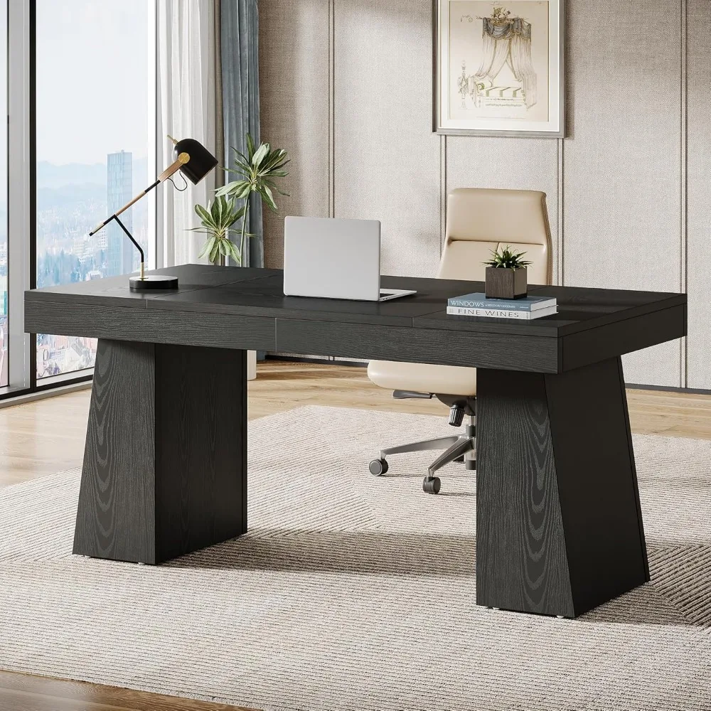 55 Inches Executive Desk, Mid-Century Modern Home Office Desk with Double Trapezoid Base, Wood Computer Desk Business Workstati 2