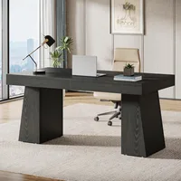 55 Inches Executive Desk, Mid-Century Modern Home Office Desk with Double Trapezoid Base, Wood Computer Desk Business Workstati 2