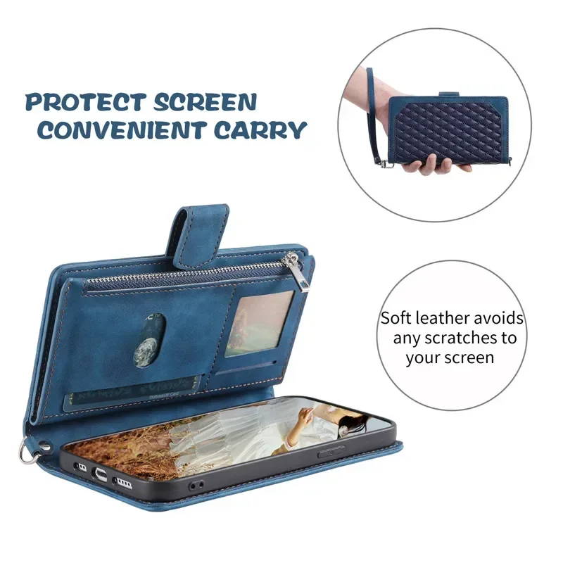 Elegant Flip Leather Phone Case with Long Lanyard and Zipper Wallet Card Holder