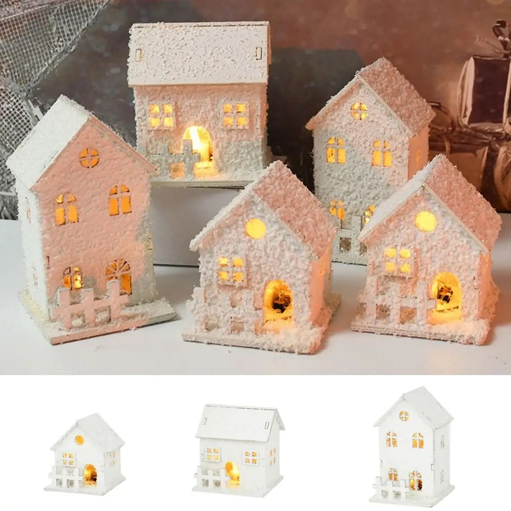 

White Christmas LED Light Wooden House with Snowflake Creative Snow Cabin Mini Glowing Castle Christmas Decoration Kids Gift