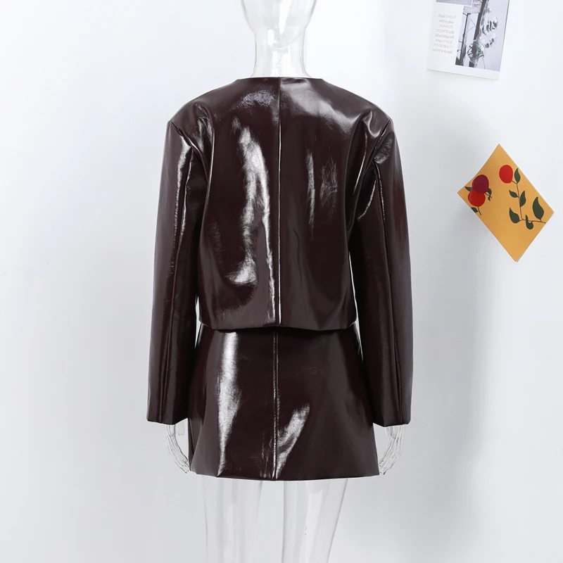 Casual Leather Jacket Skirt Set for Women 2 Pieces Lapel Single Breasted Top Mini Skirts Autumn Lady Y2k All-matching Outfits