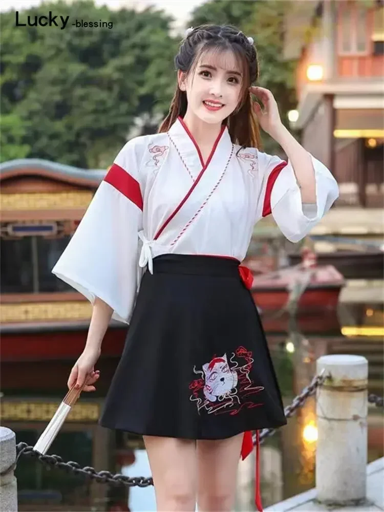 

Japanese Dress Kimono Woman Black White Cat Embroidery Skirts Vintage Asian Clothing Yukat Party Anime Cosplay harajuku costume