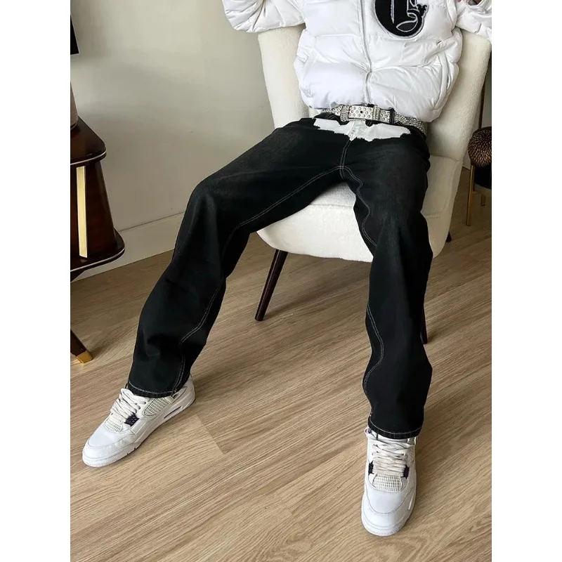 American style trendy printed black men's Y2K fashionable pattern painted Baggy casual pants loose straight cotton denim pants