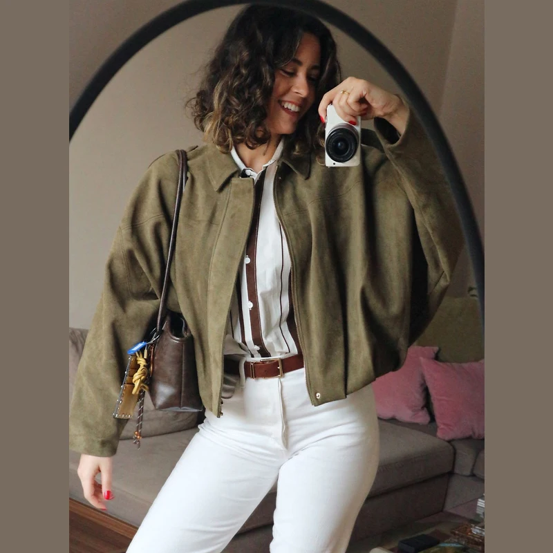 HXAO Women' Bomber Jacket Lapel Long Sleeve Zipper Suede Women High Street...