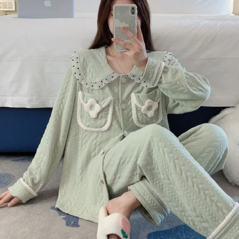2023 New Autumn Winter Air Cotton Pajamas Women's Thick Cotton Sleepwear Long Sleeves Sweet Cardigan Set Autumn Warm Loungewear