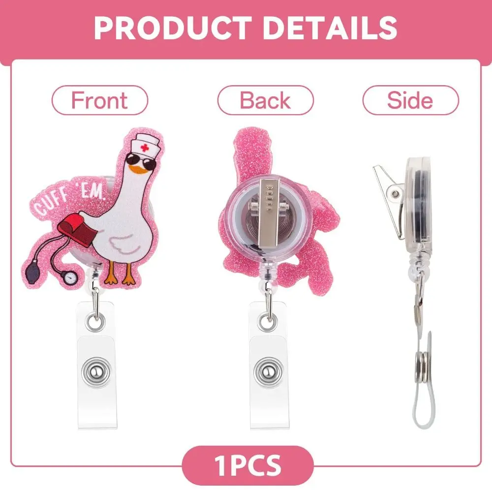 재미있는 접이식 거위 간호사 배지 릴 재미있는 디자인 풀탭 패스너 배지 스크롤 아크릴 핑크 배지 홀더 교사용