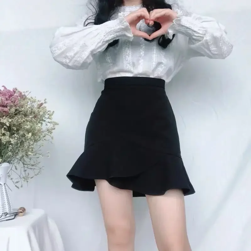 2024 Summer Female Patchwork Solid A- Line Short Skirt High Waist Slim Thin Ruffles Women Fishtail Skirts Lady Clothing Elegant new spring classic tb women skirt vintage wool woolen ruffles falda elegant lady three color ribbon fishtail jupe longue femme