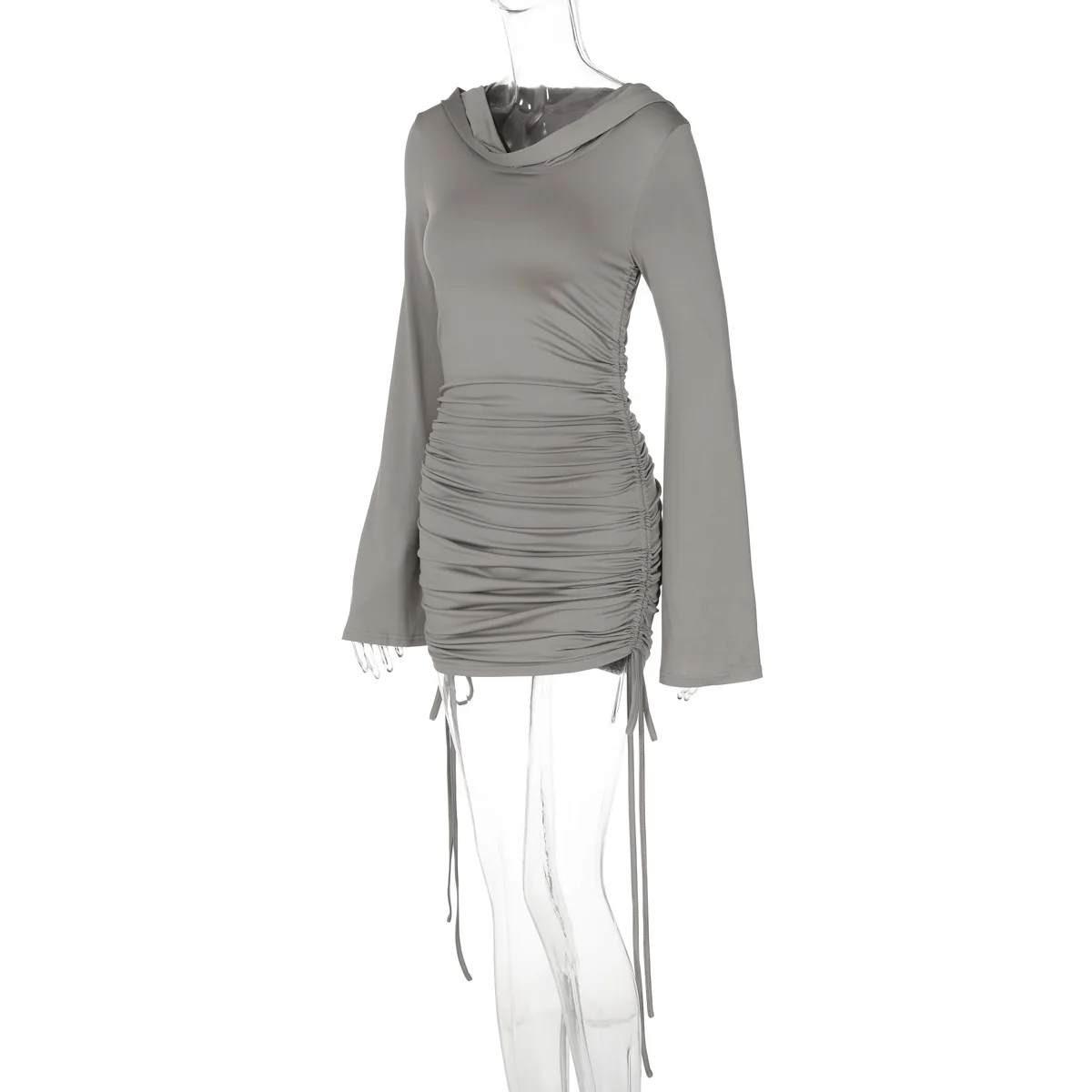 White Sexy Hoodie Mini Dress Women's Pleated Slim Long Sleeve Drawstring High Waist Party Dress Female Solid Autumn Dress