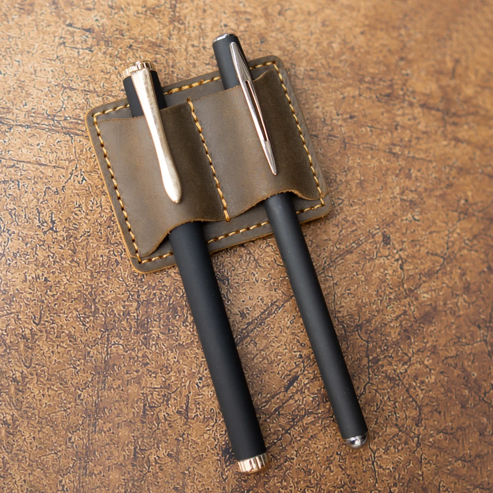Vintage Crazy Horse Leather Cowhide Pen Holder with Stainless Steel Clip