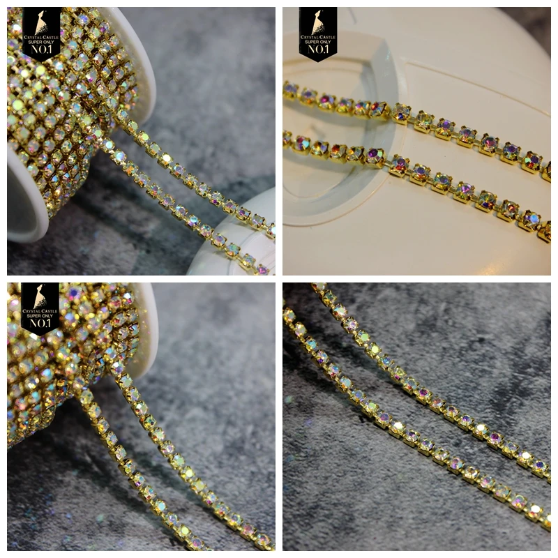 Kristallschloss-Diamantbesatz, 2 mm, 4 mm, Strass-Fransen, goldene Tasse, Nähsteine, dekorative Besätze, Strass-Kette für Kleidung – Detail 12