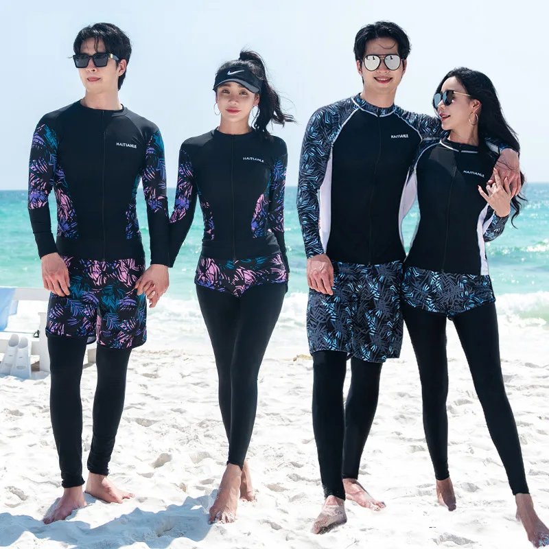 Unisex 3-5 Piece Rash Guard Swimsuit Set Long Sleeve Zipper Bathing Suit Wetsuit Beachwear Tankini Tracksuit with Boy Shorts